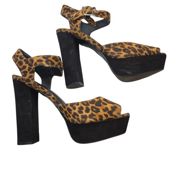 Women's 9.5 Leppard Print Platform Brown Sandal Shoe 5 Inch Heel 9 1/2 - Picture 4 of 8